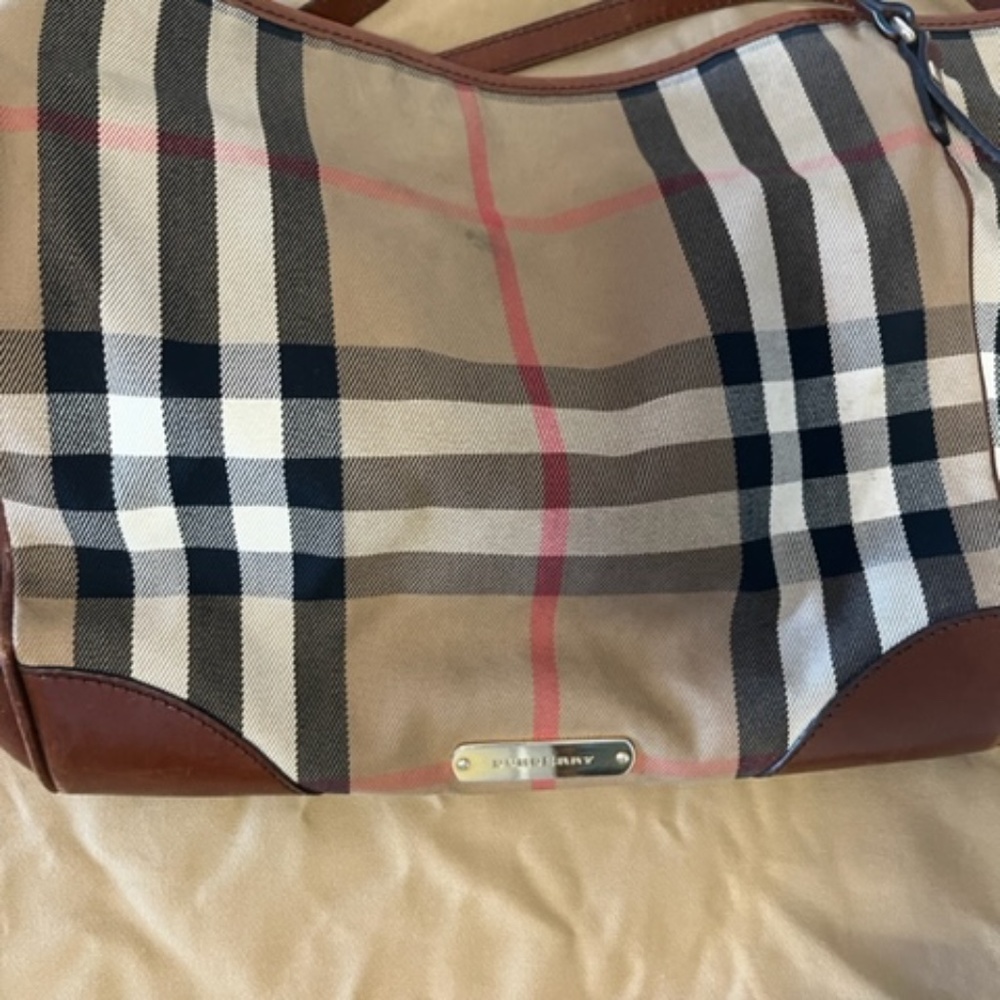 Burberry Beige Black White Plaid Canvas Tote with Brown Leather Trim
